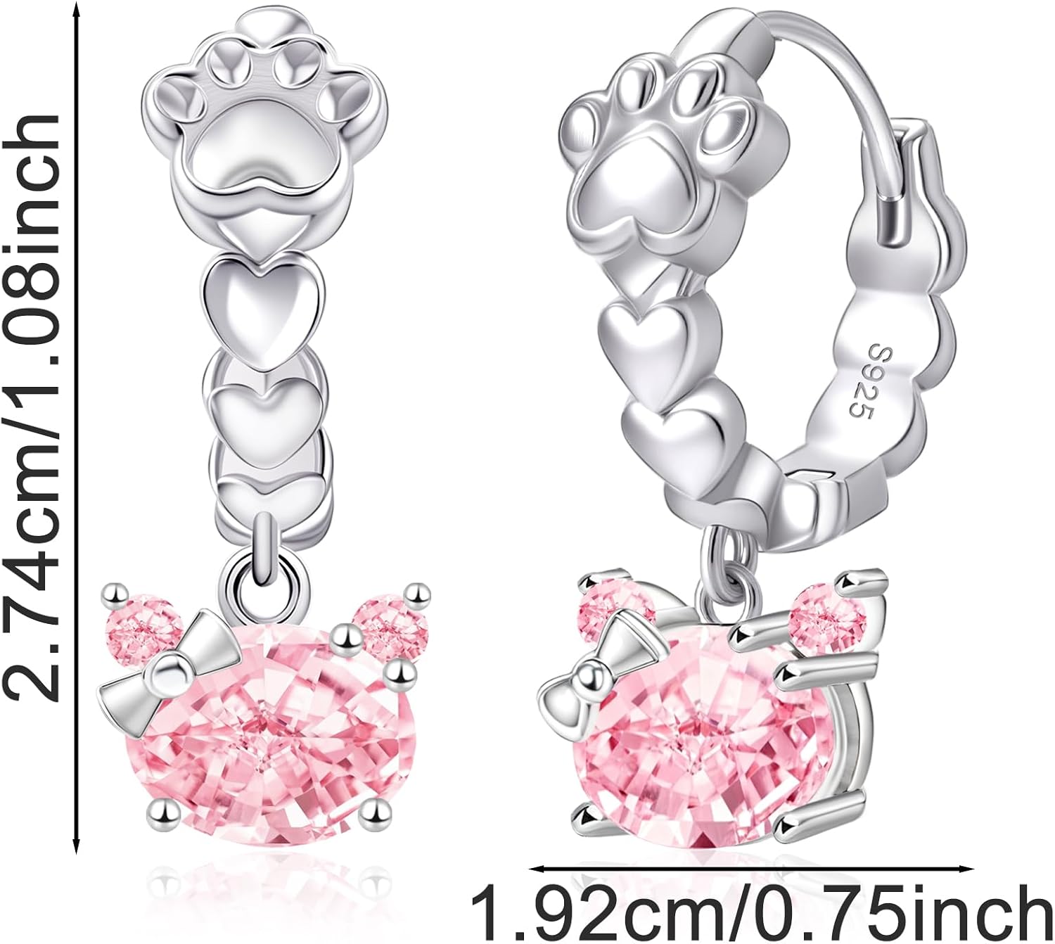 Cat Paw Hoop Earrings for Women 925 Sterling Silver Shiny Pink Cubic Zirconia Paw Cat Huggie Earrings Sweet Cute Animals Piercing Jewelry Gifts for Women Pet Lover Birthday Christmas - Image 6
