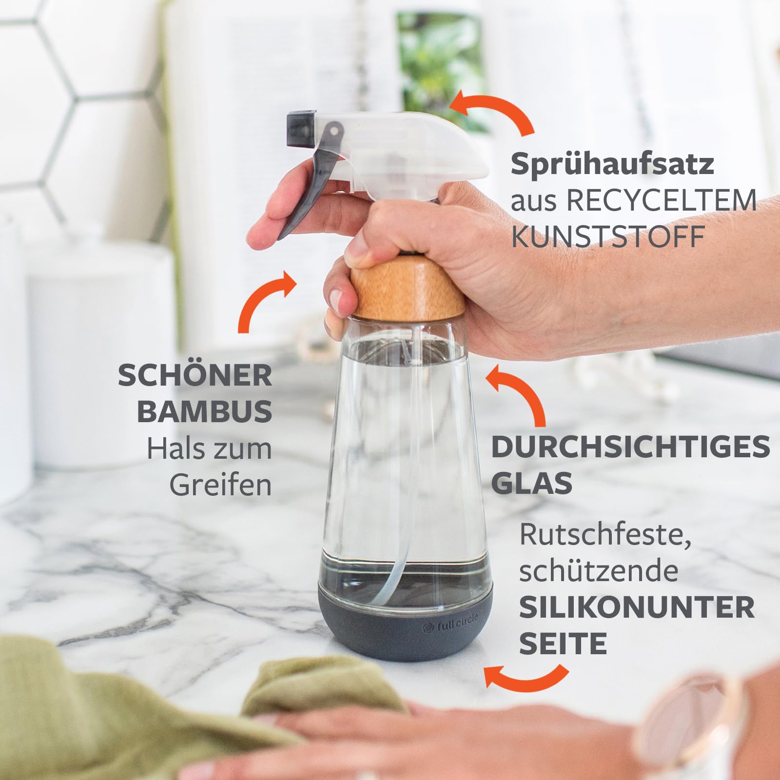 Full Circle Bottle Service Glas-Sprühflasche mit einstellbarem Zerstäuber für Putzmittel oder zur Pflanzenpflege - Wiederverwendbare Spühflasche mit Bambushals und Silikonbasis - 475ml