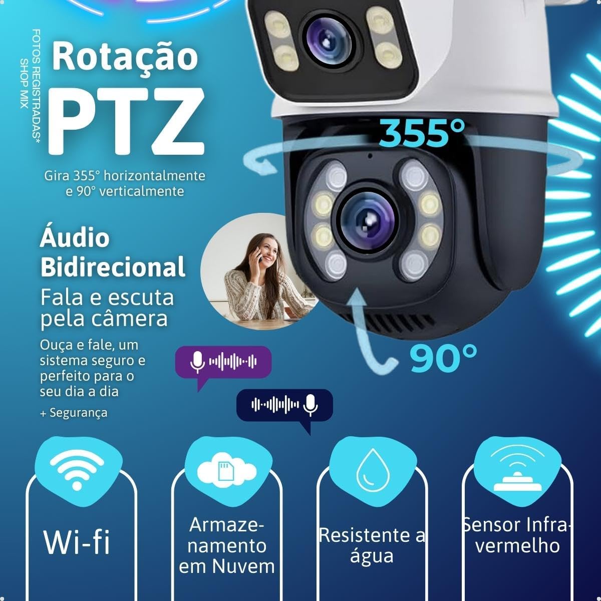 Diagram showing the PTZ rotation capabilities (355 degrees horizontal, 90 degrees vertical), two-way audio, Wi-Fi connectivity, cloud storage, water resistance, and infrared sensor of the camera.