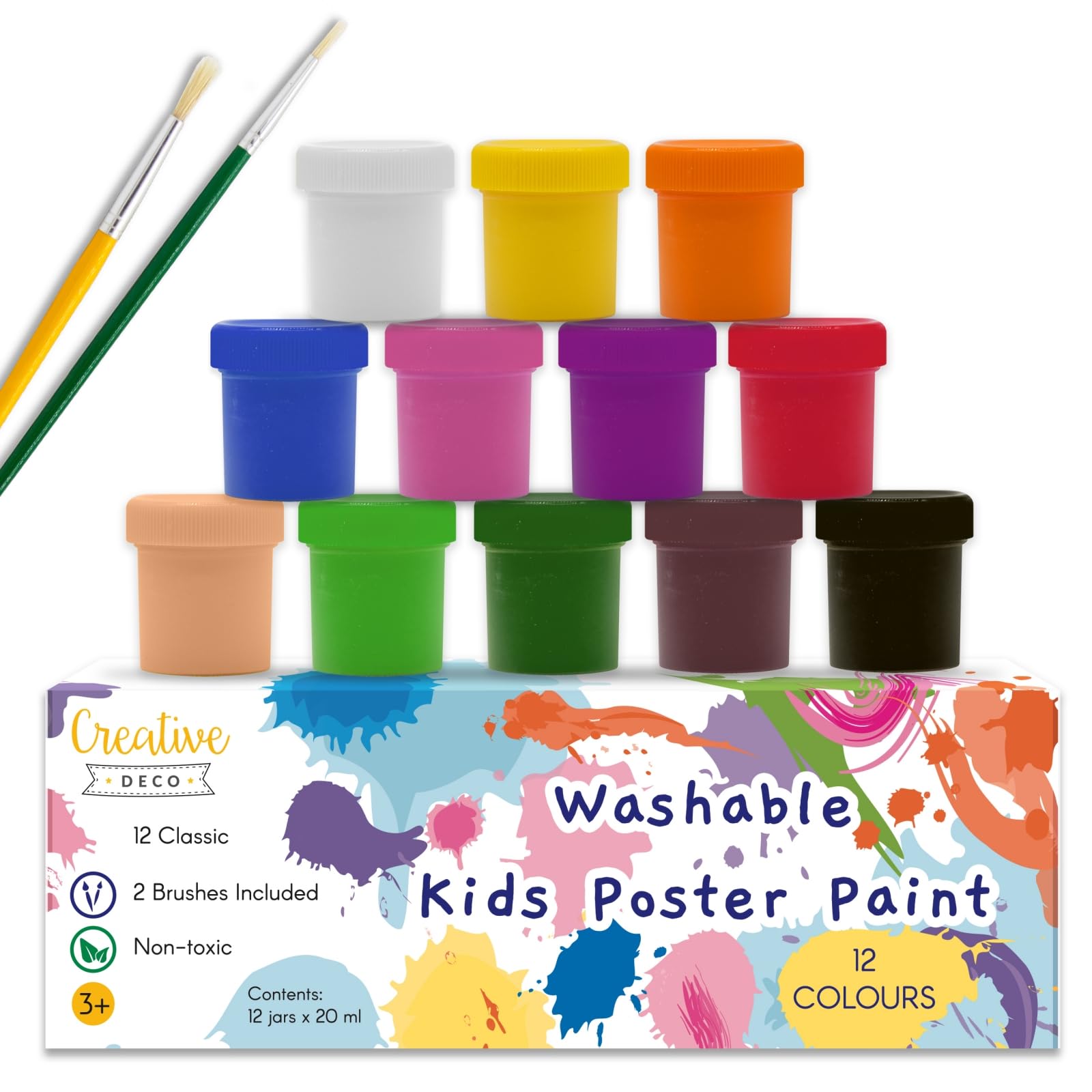 Creative Deco Zestaw Farb Plakatowych | 20 ml x 12 Kolorów | Nietoksyczne | Podstawowe i Intensywne Kolory | Idealne dla Dzieci, Studentów, Artystów, Pasjonatów Sztuki