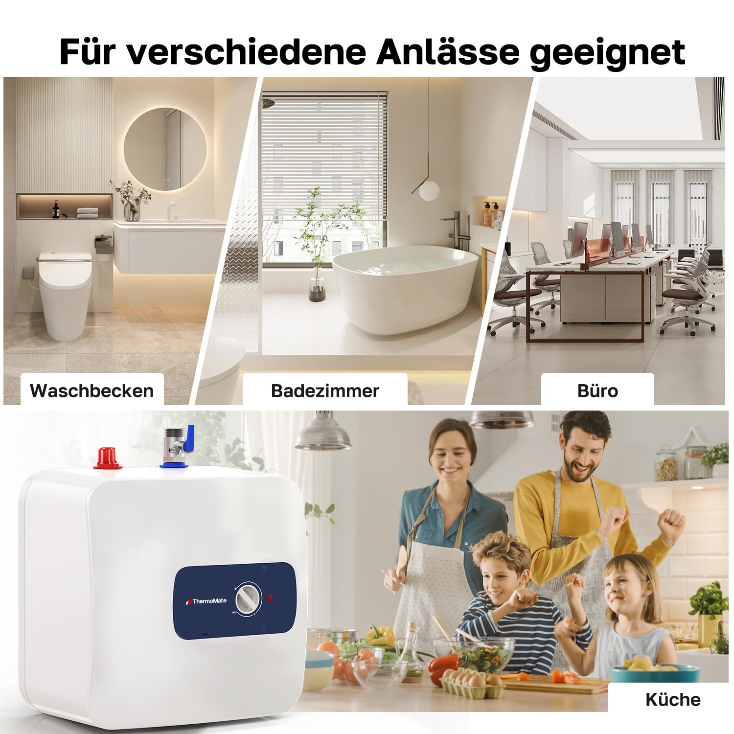 ThermoMate Scaldabagno Elettrico 30 Litri, 2000W, Sottolavello | Elettrico Boiler Compatto e poco ingombrante, Risparmio, Con spina a 230V, plug e giocare