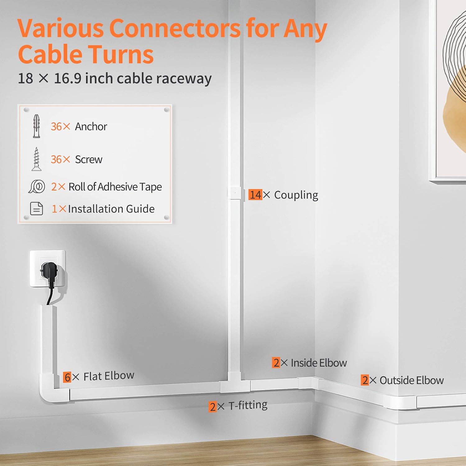 Yecaye 304in Cable Raceway, Cord Hider, Durable PVC Wire Hider for Wall Mounted TV, Cord Cover Wall for Office Home, 18pcs Cable Concealer, One Conduit L16.9in, W0.95in, 0.55in, White