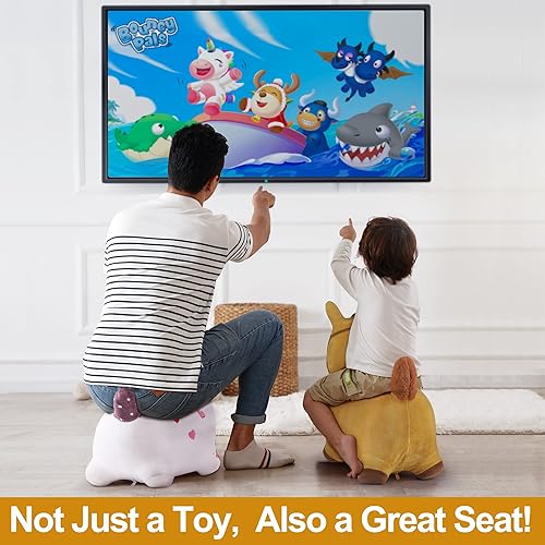 Vista 6 de Caballo saltarín iPlay, iLearn, caballo de juguete de felpa cubierta para montada de niños pequeños, con bomba (color amarillo)