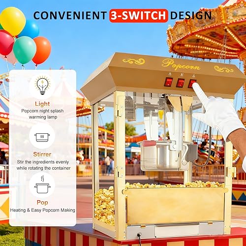 Miniatura 4 de Máquina comercial de palomitas de maíz de 16 onzas con carro, máquina de maíz vintage grande de 850 W con plataforma de calentamiento, máquina de