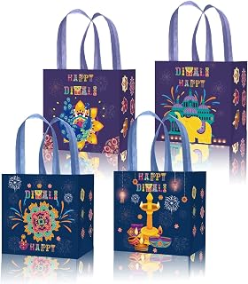 KYMY Happy Diwali Party Favor Bags, 8pcs Non-Woven Deepavali Gift Tote Bags with Handles, Reusable Festival of Lights Candy Goodie Treat Bags for Indian Hindu Holiday Party Decorations Supplies