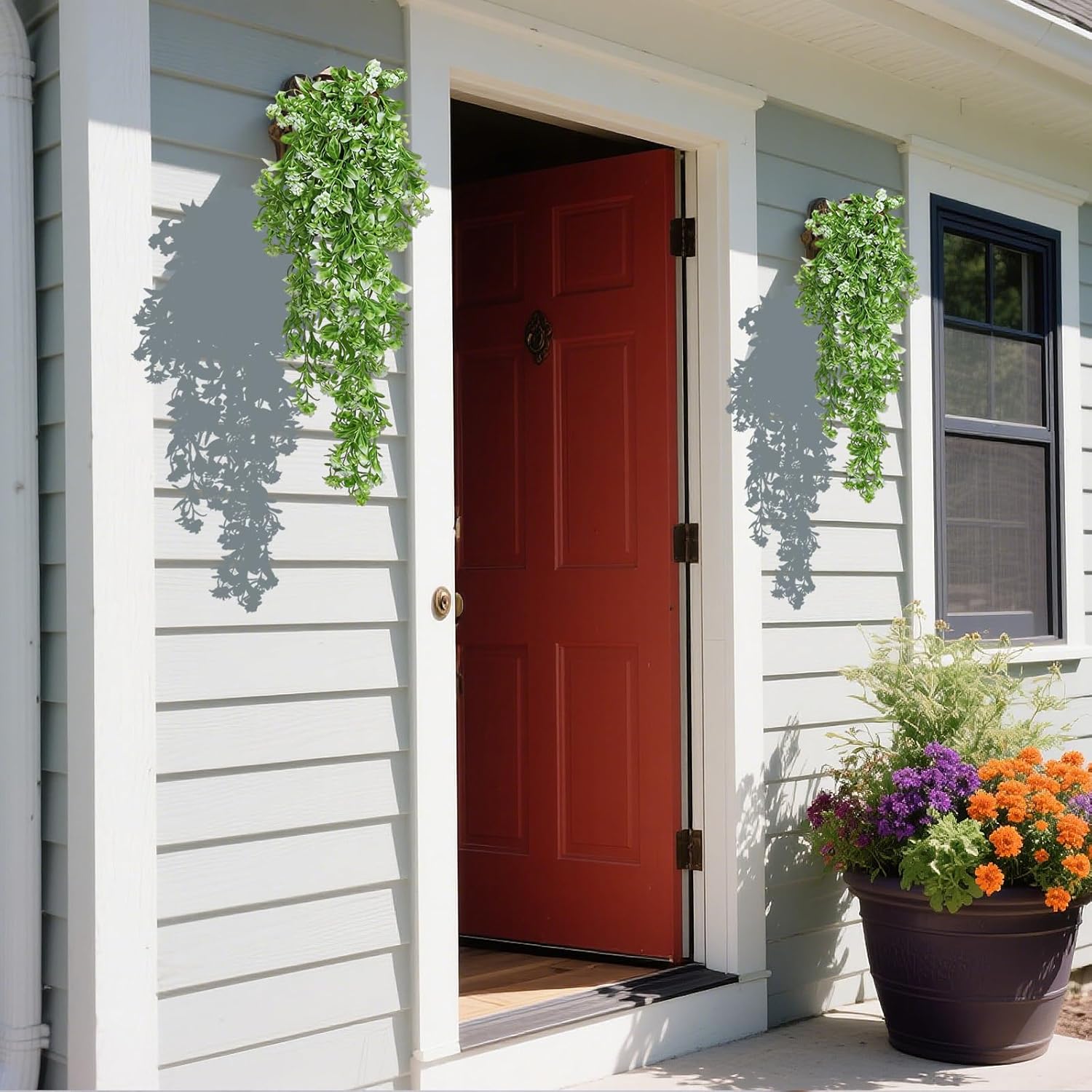 RECUTMS 2Pcs Artificial Hanging Flowers for Outdoor Decoration Fake Hanging Plants Faux White Flowers Artificial UV Resistant Plastic Greenery Vines Ivy for Outdoor Indoor Garden Party Decor(White) - Image 7