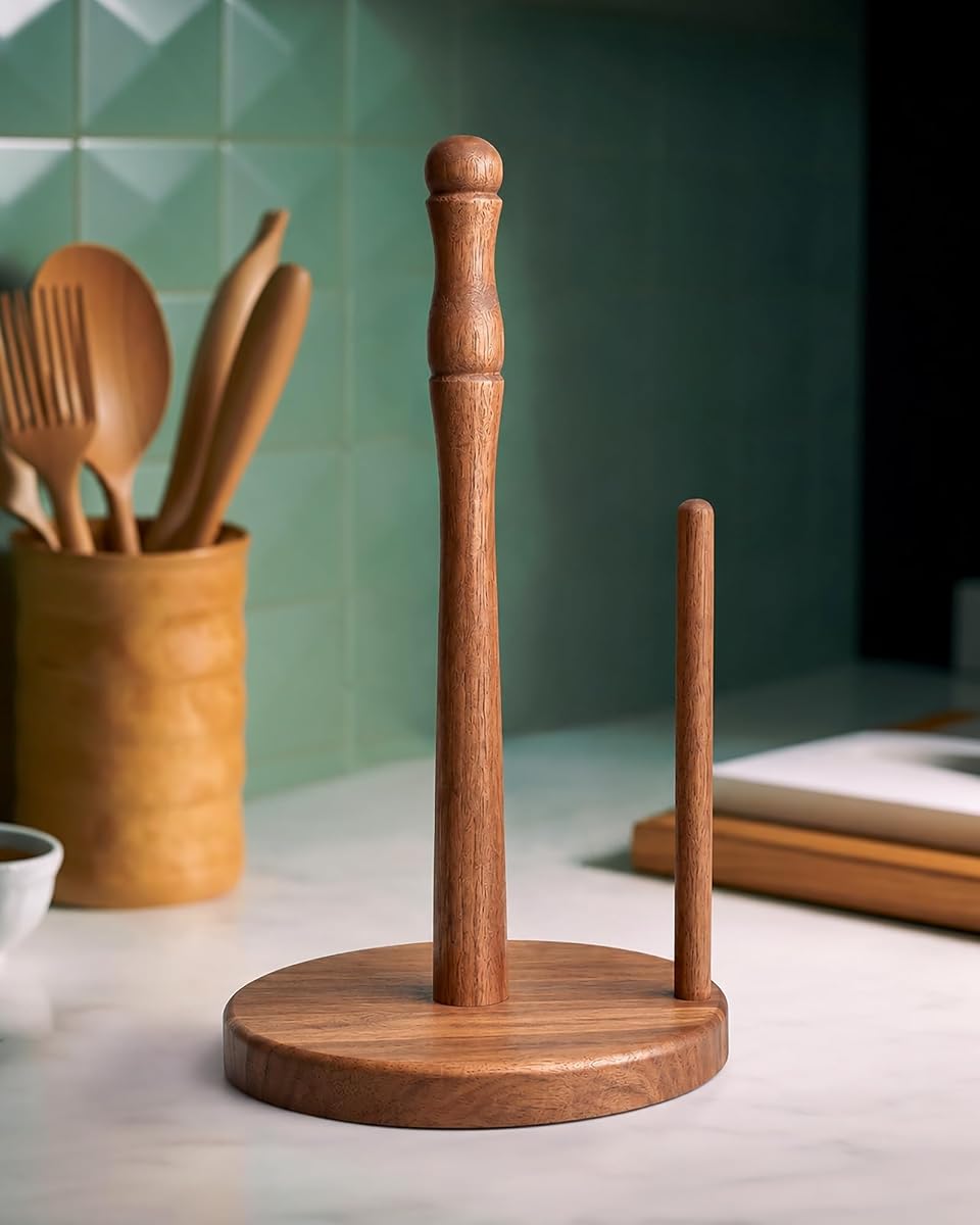 Farmhouse Acacia Wood Paper Towel Holder Countertop, Weighted Base for Kitchen & Bathroom, One-Handed Operation, Wooden Standing Towel Roll Organizer, Jumbo Rolls