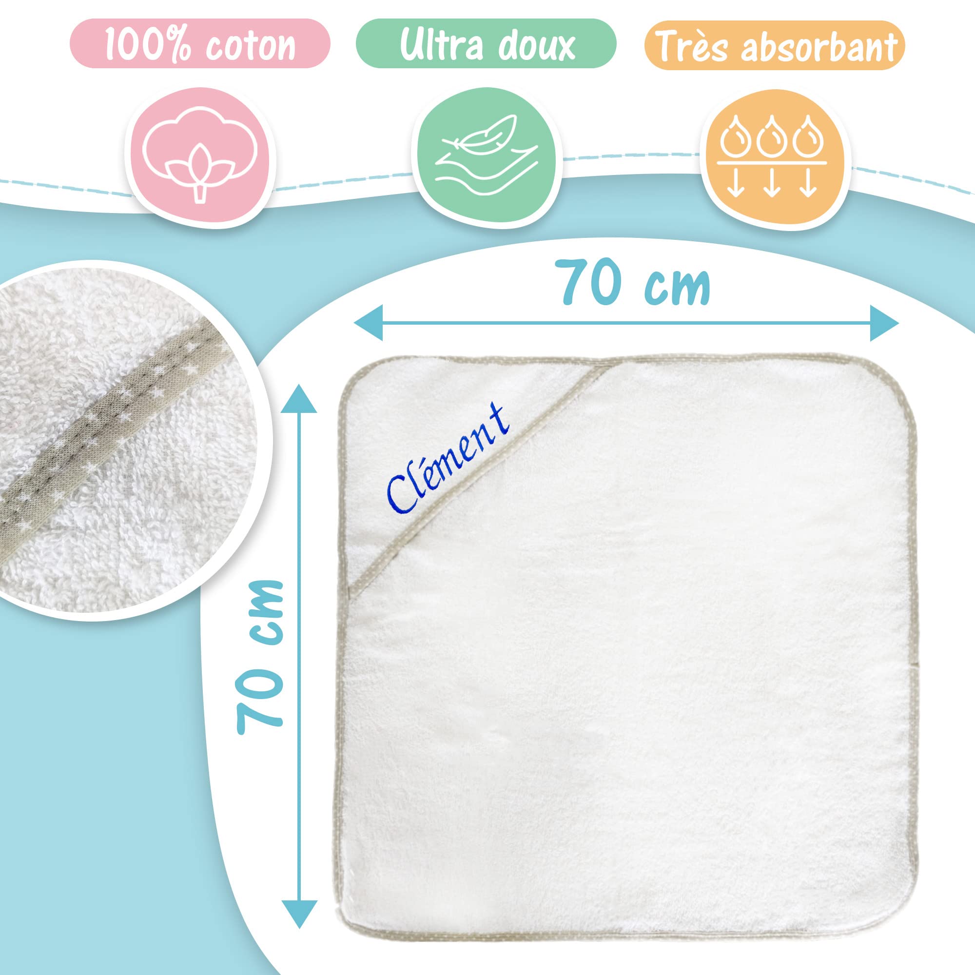 KDO MAGIC Cape de Bain bébé Personnalisable - Sortie de Bain 100% Coton avec Capuche - Brodé avec Le prénom - Serviette bébé personnalisée - Doux et Absorbant - Liseré Beige étoile