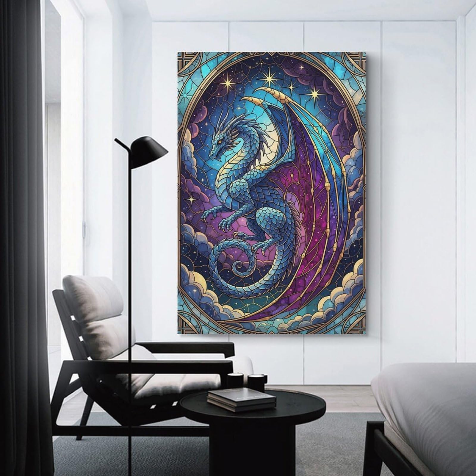 Junmoney Stained Glass Dragon Art Canvas Wall Decor, 24x36inch(60x90cm), for Apartment Walls, Studios Or Work Areas, Decorative Canvas Decor for Home Updates