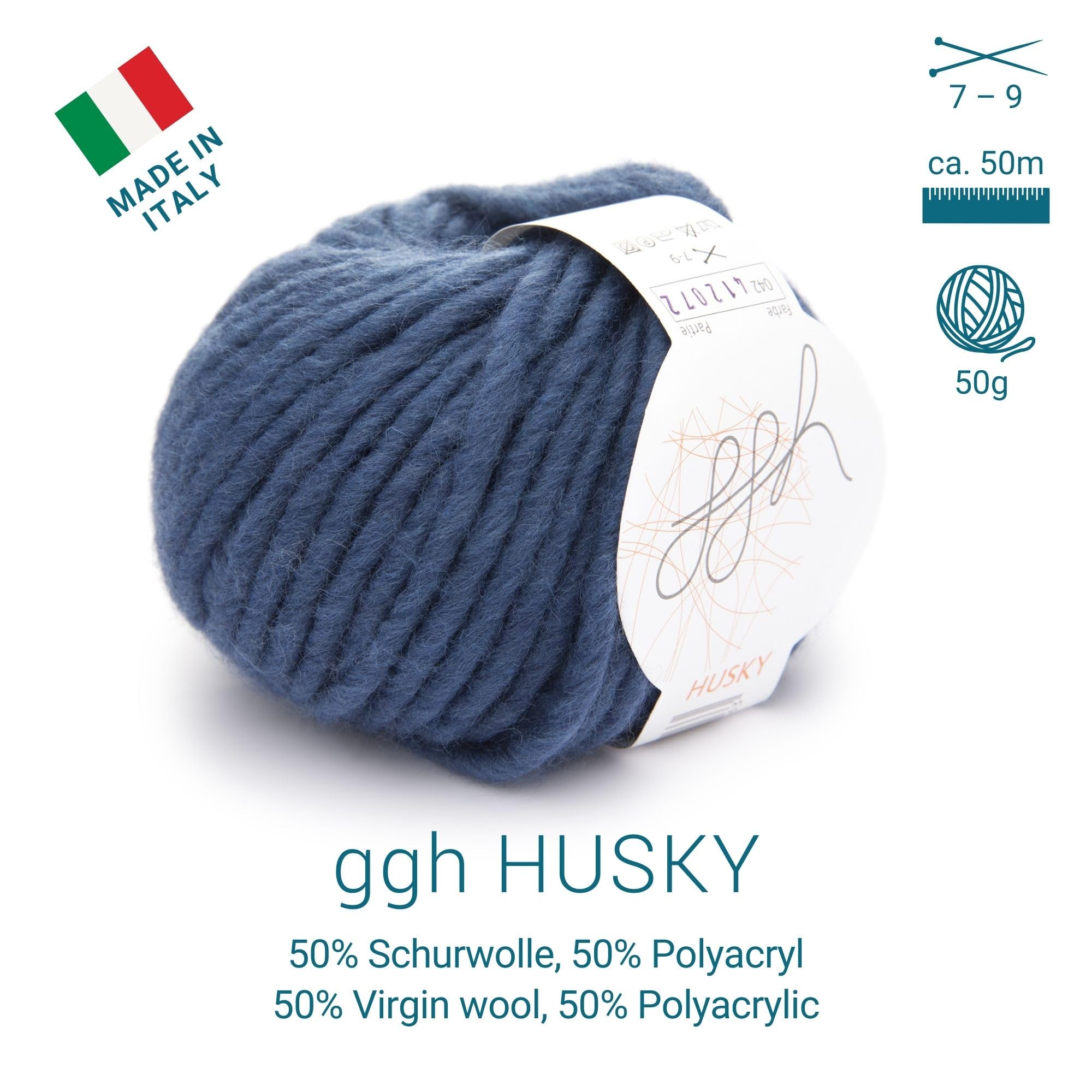 Gomitolo Di Lana Ggh Husky, 50g, Misto Lana Vergine 50% E Poliacrilico, Colore 059 Benzina Pastello, Per Maglieria Con Ferri 7-9, Made In Italy