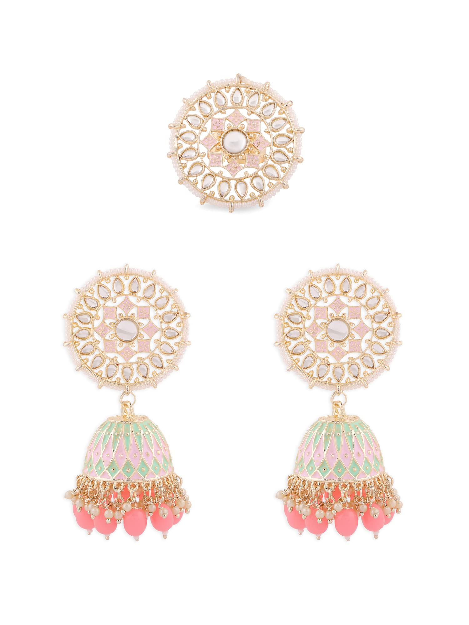 ZAVERI PEARLS Pink & Green Meenakari Kundan & Beads Ethnic Jhumki Earring & Ring Set For Women-ZPFK14648 (B0BCGPBB5S) Amazon Price History, Amazon Price Tracker