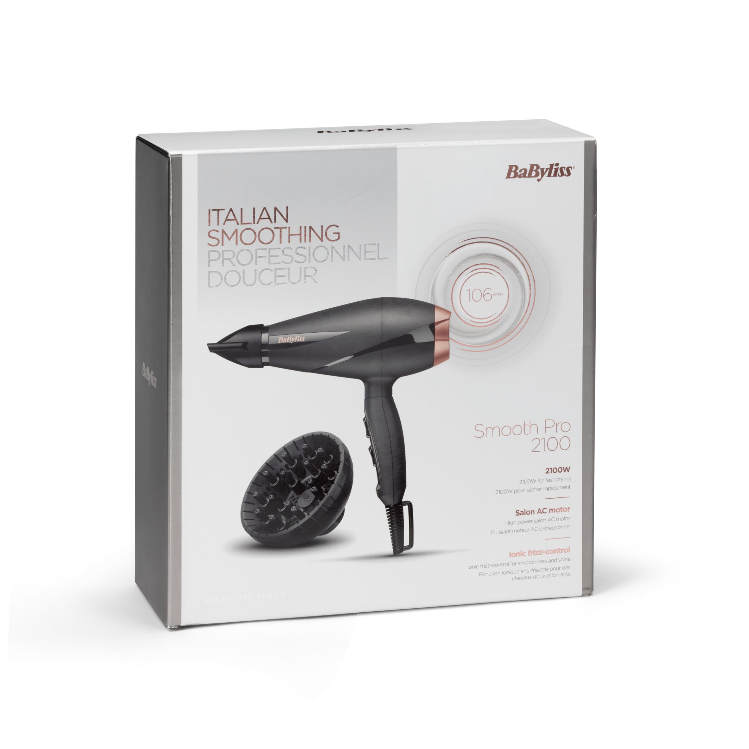 BaByliss Sèche-cheveux Smooth Pro - Sèche-cheveux puissant de 2100W, Fabriqué en Italie, Technologie ionique anti-frisottis, 3 réglages de température et 2 réglages de vitesse, Noir, 6709DE