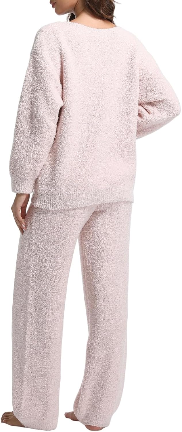2 Piece Fleece Pajamas for Women Sets V-Neck Outfits Sweater Womens Long Sleeve Fuzzy Loungewear Pajama Set - Image 3