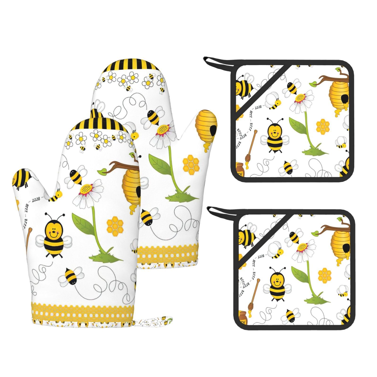 Bee Printed Pot Holders and Oven Mitts 4-Piece, Non-Slip Kitchen Gloves with Utensil Pocket for BBQ