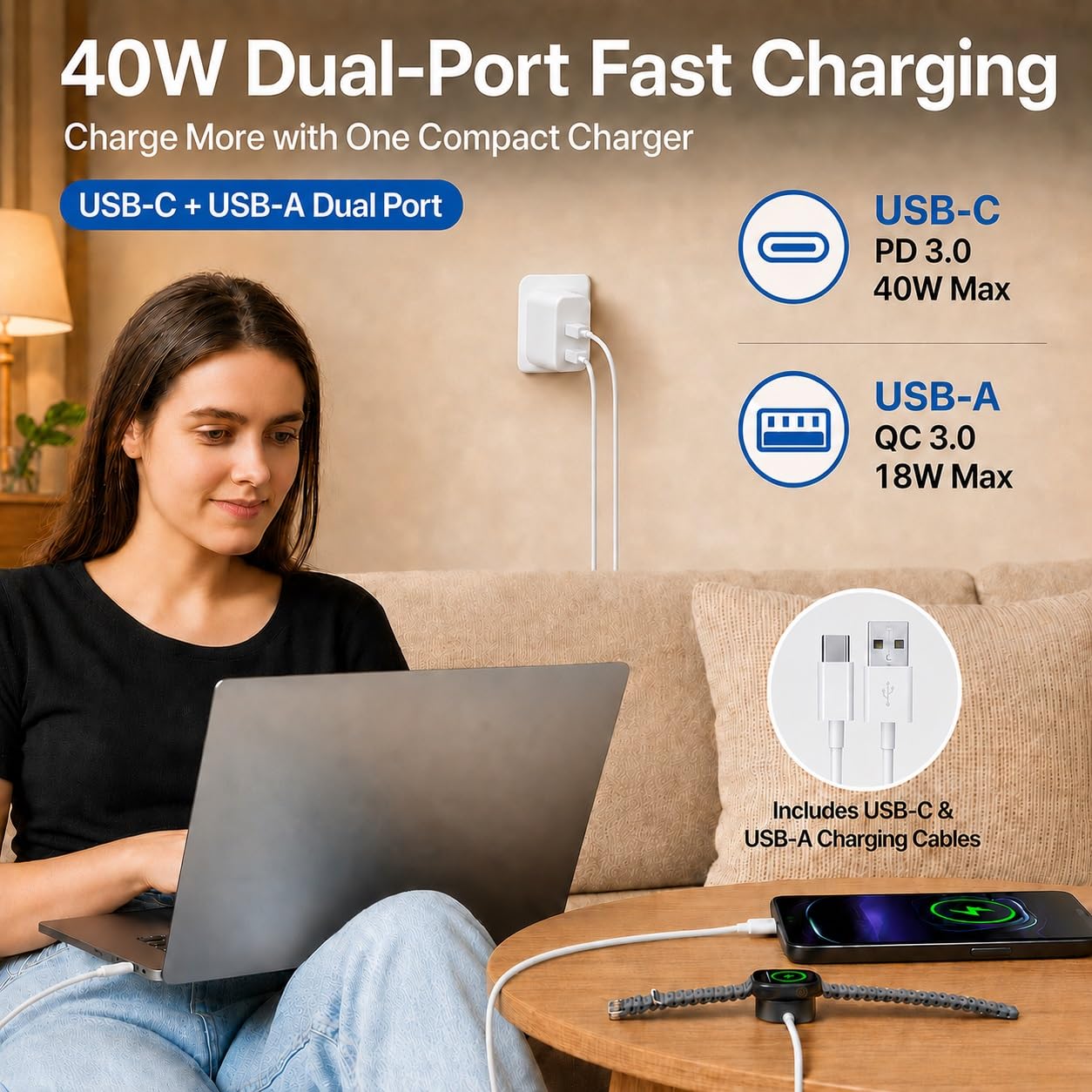 Caricabatterie a doppia porta da 40 W con cavi da 1,8 m e 3,5 m per iPhone