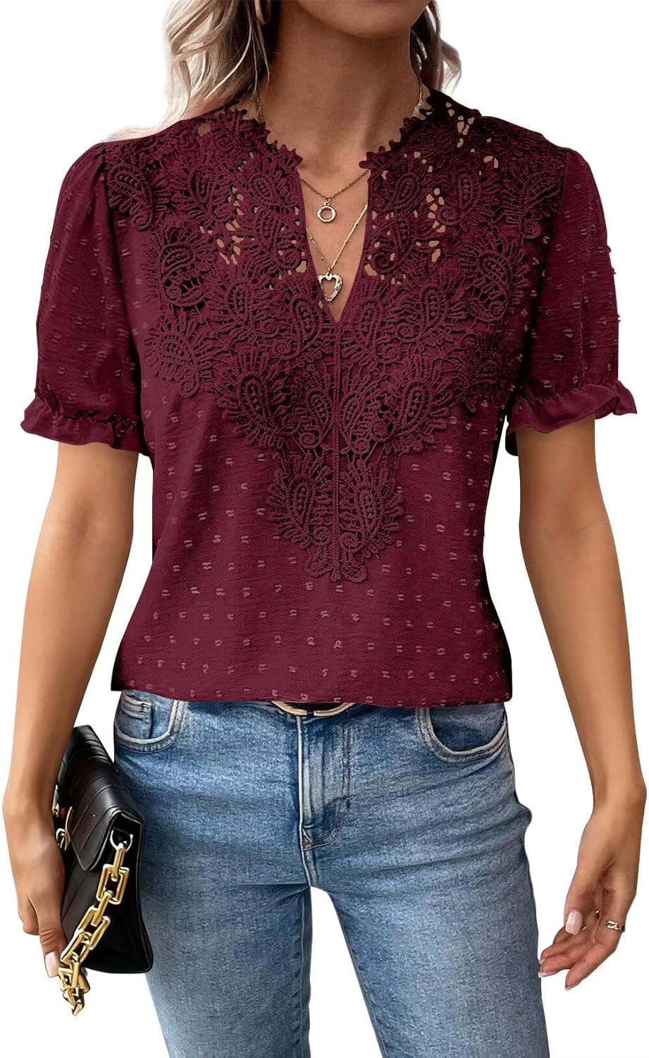Falechay Womens Summer Tops Boho Short Sleeve Shirts V Neck Casual Chiffon Blouses Flowy Lace Hem Spring Clothing Trendy 2025