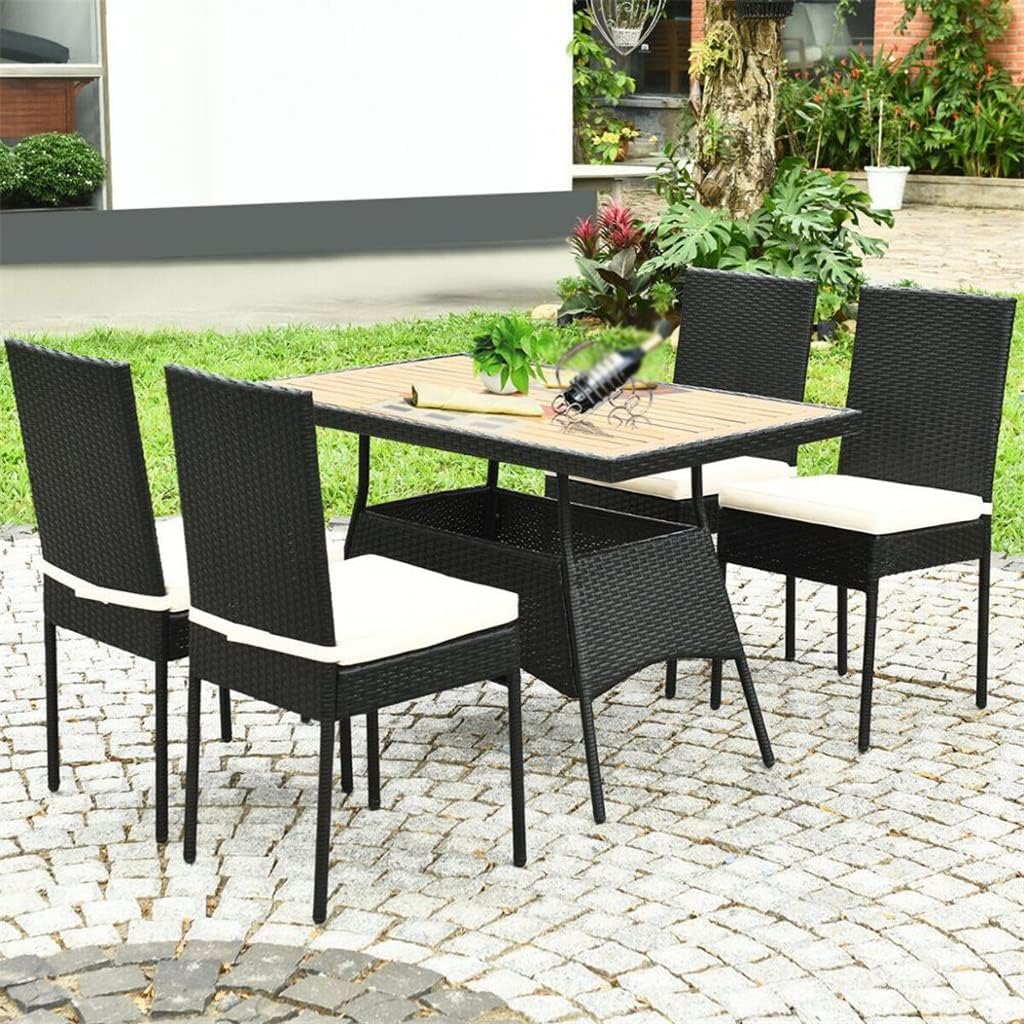 5 Pack Terrace Rattan Dining Table with Wood Top Upholstered Seat Garden Patio Furniture Set (D As Shown)