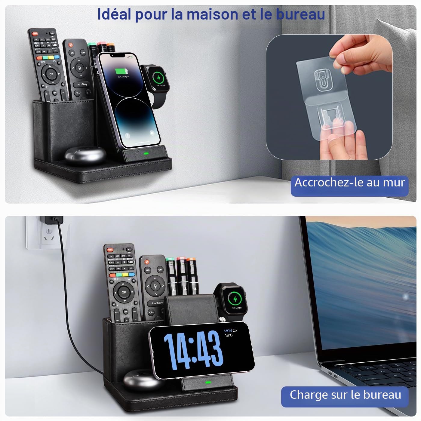 GORESE Chargeur Induction, 3 en 1 chargeur sans fil avec organisateur de bureau chargeur de monté mural 30W Adaptateur compatible pour iPhone 15/14/13/12/11/Pro/Max/XS iWatch 7/6/5/4/3 AirPods 3/2/Pro