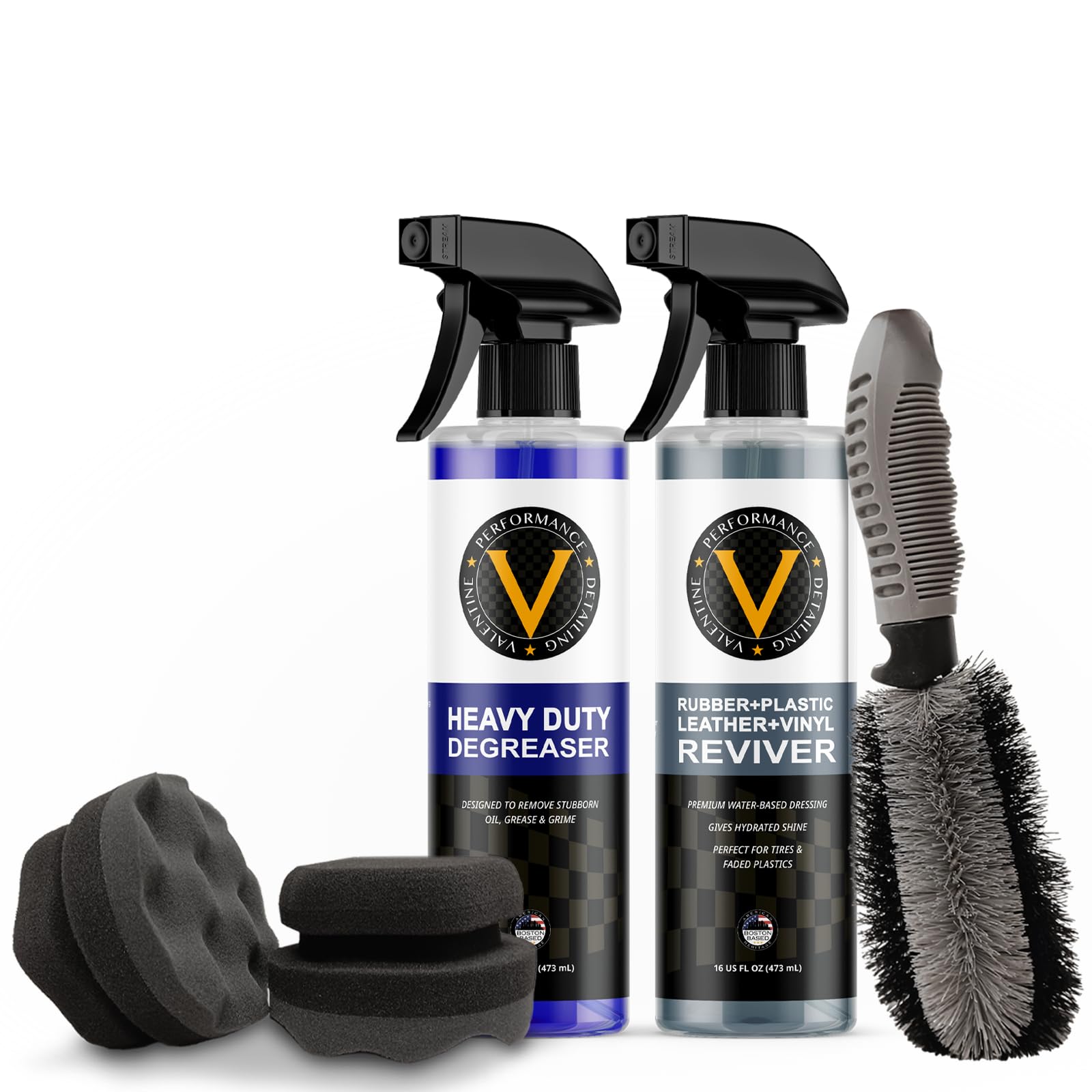 VPD Tire & Trim Detailing Kit - Includes Rubber Vinyl Plastic Reviver, Heavy Duty Degreaser, Tire Brush, Waxing Sponge Applicators, Professional Strength, Protects & Refreshes, Eliminates Dust & Grime