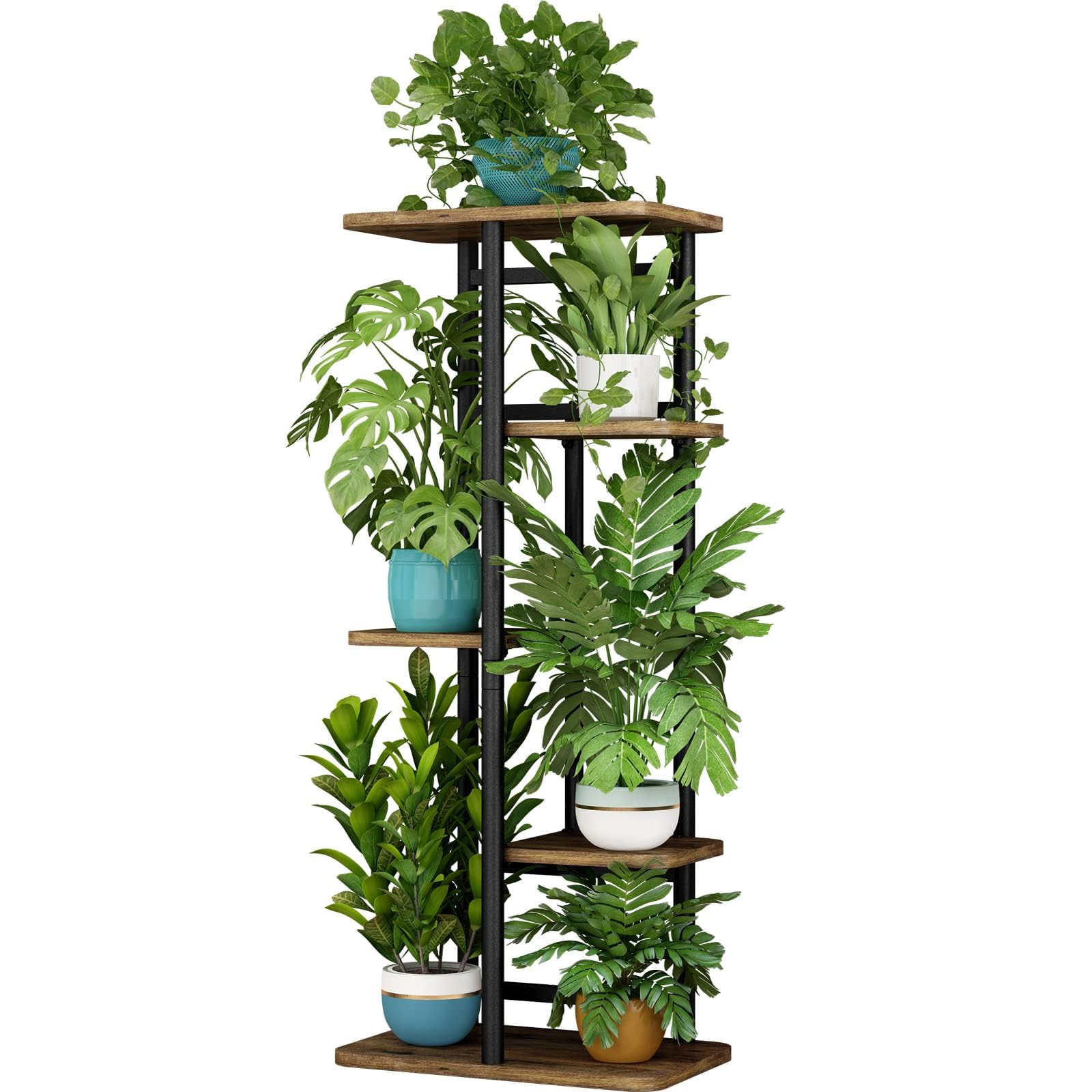 LINZINAR Pflanzenständer, 5 Etagen, 6 Pflanzen, mehrere Blumenregale, Regale, Aufbewahrung, Organizer, Display, Innen-Pflanzgefäß für Balkon, Schlafzimmer, Terrasse, Garten, Wohnzimmer, Schwarz