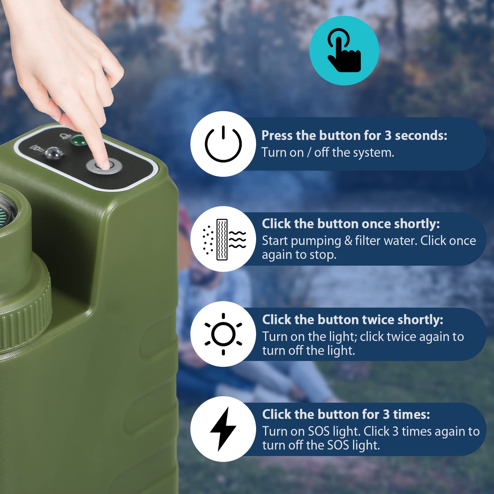 Jemora Sistema di filtraggio dell'acqua elettrico Kit di sopravvivenza Filtro dell'acqua portatile alimentato tramite USB con luce notturna e bussola per campeggio all'aperto Escursionismo Zaino in sp