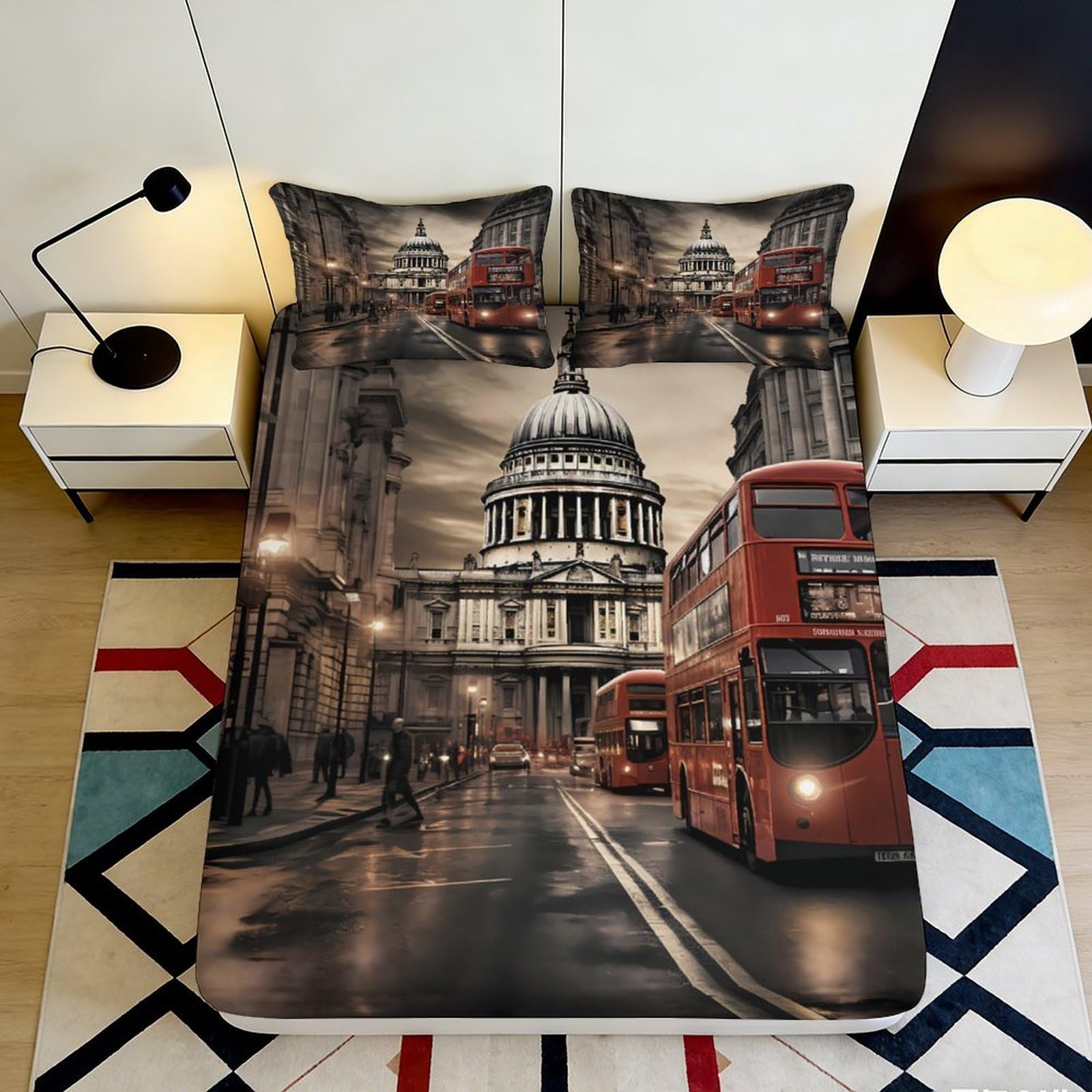 3D Printed London Cityscape Fitted Sheet Microfiber Soft Durable 3D Printed Red Bus Mattress Cover for Bedroom Dormitory Guest Room Protection 180x200x25cm