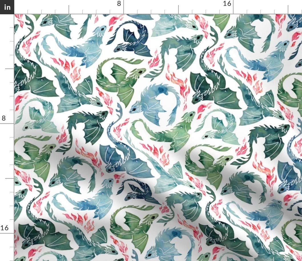 Spoonflower Fabric - Watercolor Dragon Mystical Fantasy Flying Dragons Sea Green Fire Printed on Petal Signature Cotton Fabric by The Yard - Sewing Quilting Apparel Crafts Decor