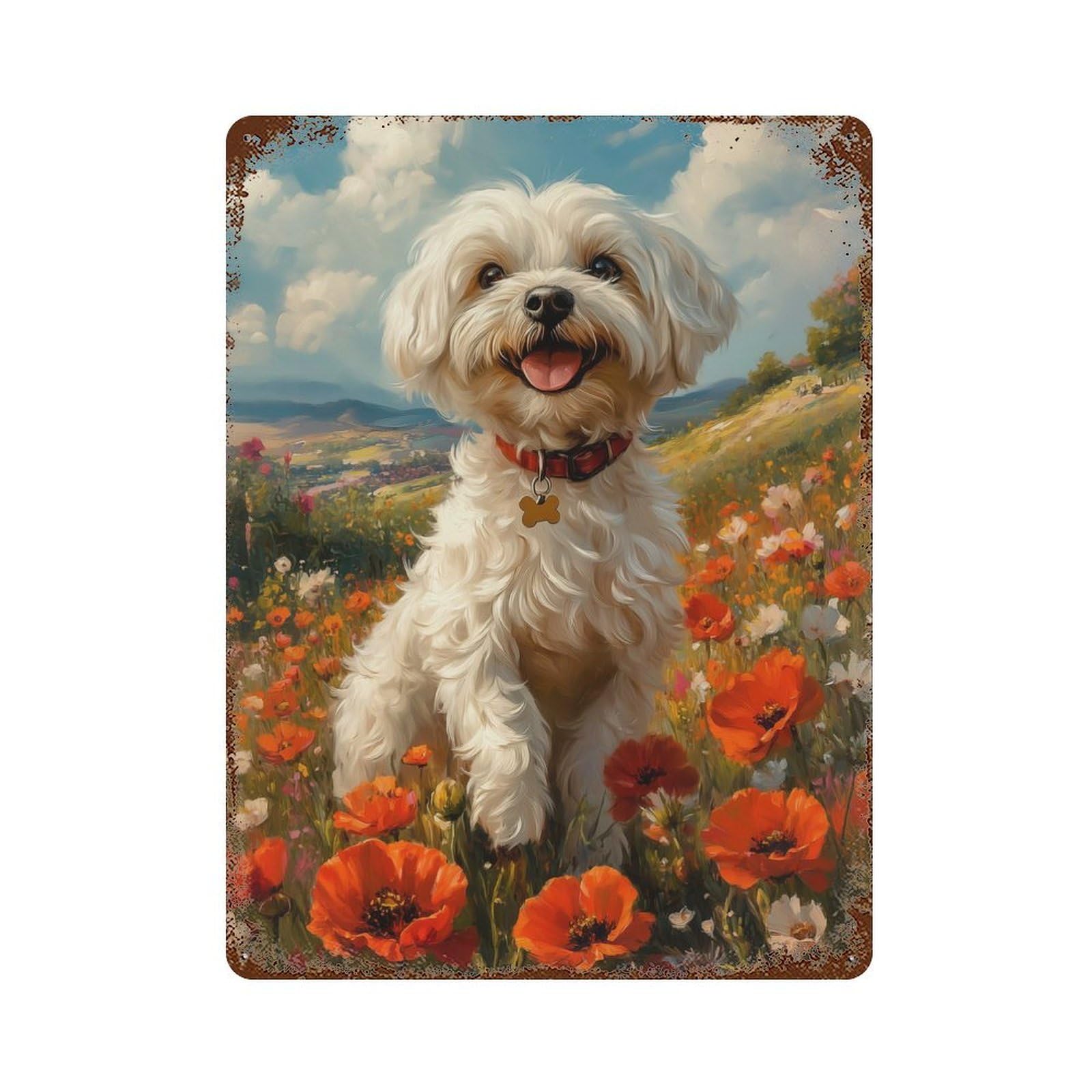 Havanese Dog in Poppy Field Retro Metal Sign 15.7"x11.8", for Office, Studio And Wall Decor, Industrial Home Decor