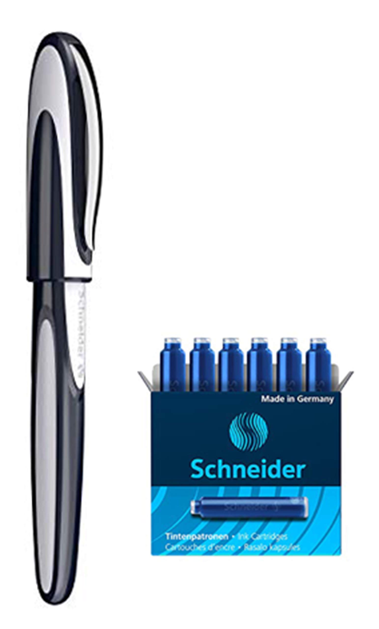 Schneider Patronenroller Ray: Tintenroller Mit Edelstahlspitze Made In Germany + 6 Blaue Patronen