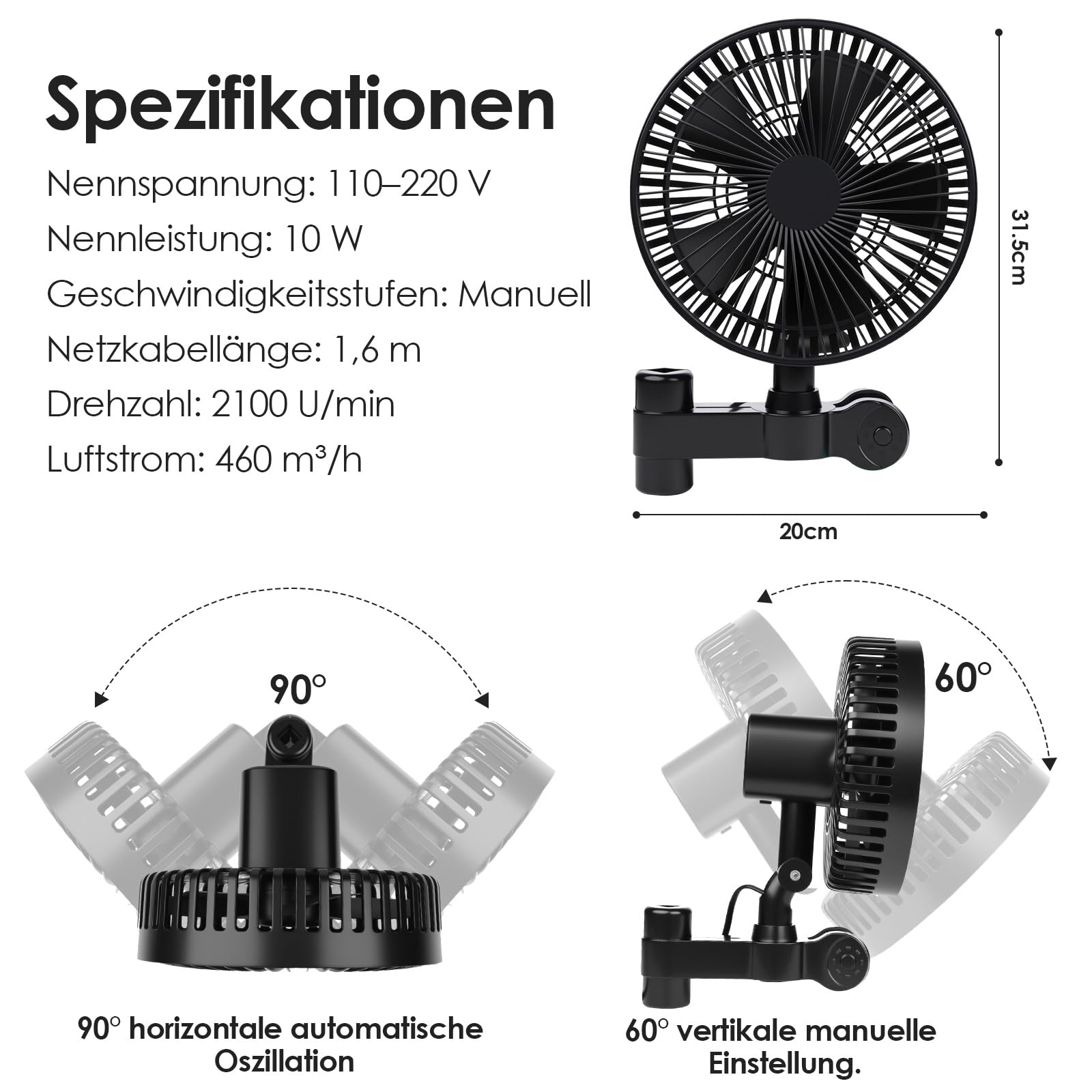 Grow Ventilator mit Clip, 4 Geschwindigkeitsstufen, IP-44 Schutzklasse, EC-Motor, Oszillierender Klemmventilator für Growbox/Zelt, 10W Leistung