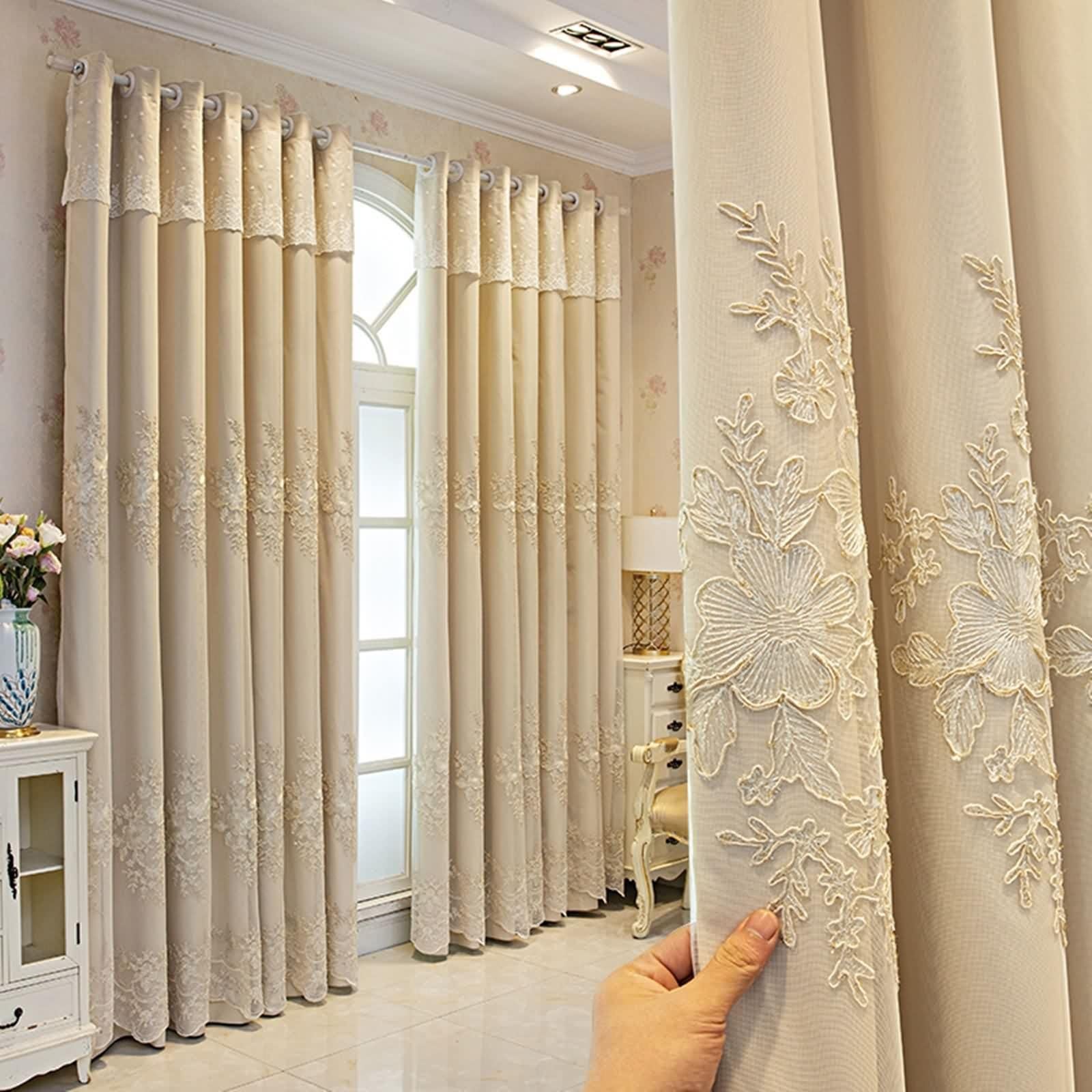 Rideaux Fenetre Chambre Lot de 2, Rideau Beige Occultant Polyester Coton Broderie en Dentelle Double Couche LxH 107x138cm