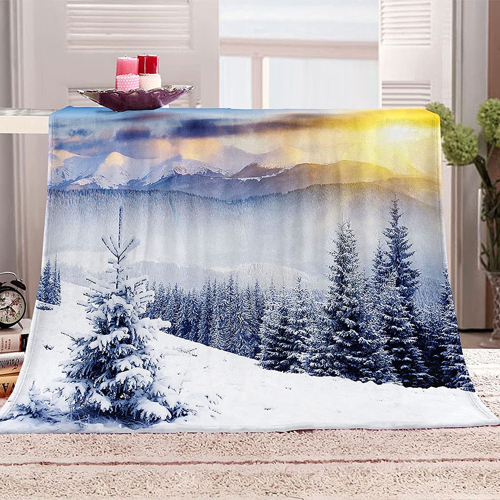 Manta De Franela De Microfibra 180X220Cm Manta De Felpa Suave para Sofá Cama 3D Escena De Nieve Blanca En El Bosque Impresión Patrón Manta Polar Invierno Gruesa Y Esponjosa Caliente Transpirable