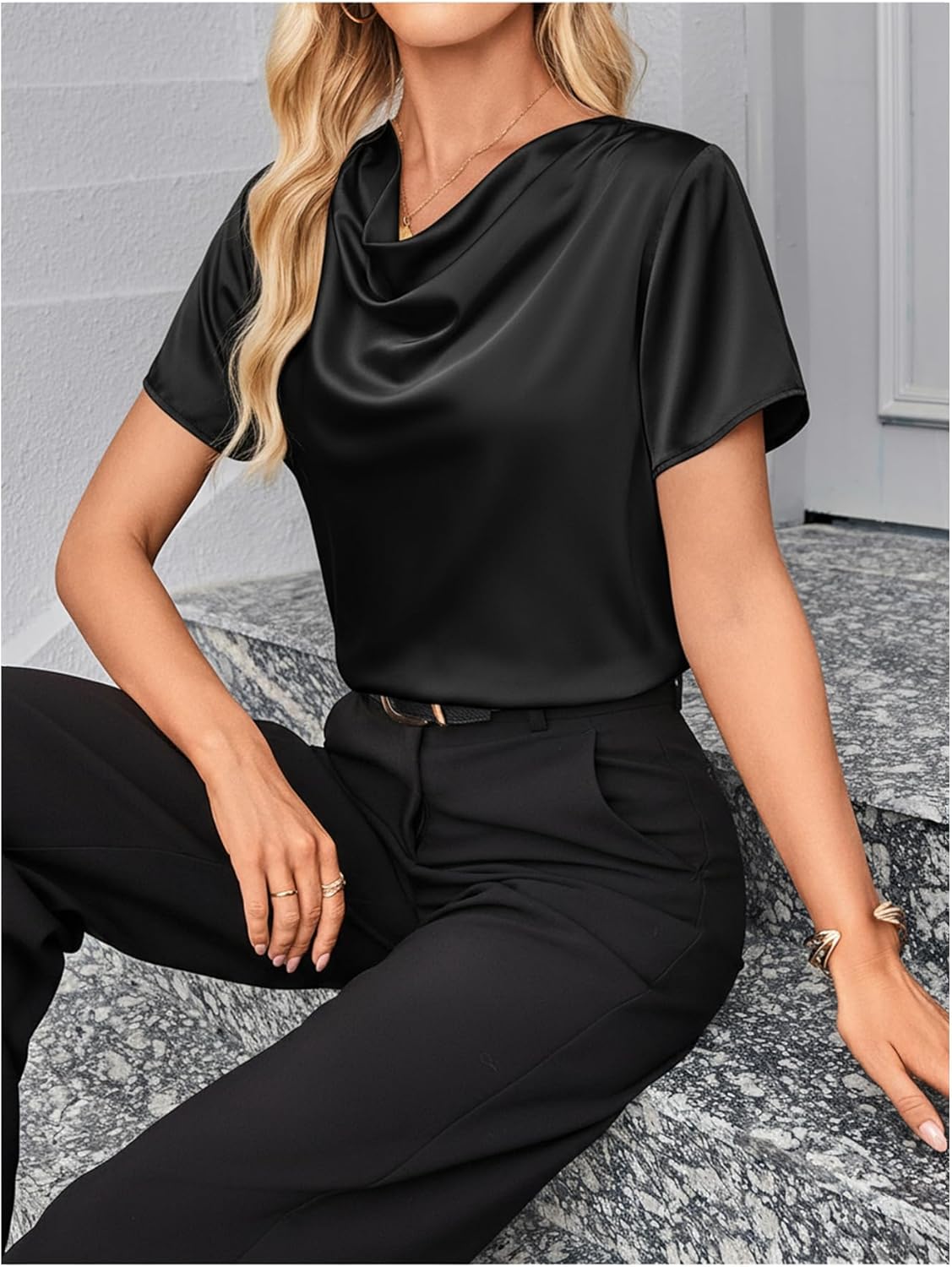 SweatyRocks Women's Draped Satin Blouse Short Sleeve Cowl Neck Dressy Work Shirts - Image 4