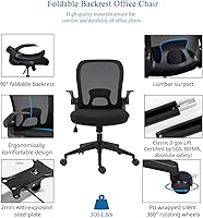 Vista 3 de IPKIG Foldable Office Chair - Home Office Desk Chairs with Wheels and Flip-Up Arms - Ergonomic Backrest Mesh Computer Chair Adjustable Swivel