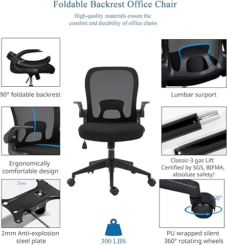 Miniatura 3 de IPKIG Foldable Office Chair - Home Office Desk Chairs with Wheels and Flip-Up Arms - Ergonomic Backrest Mesh Computer Chair Adjustable Swivel Negro