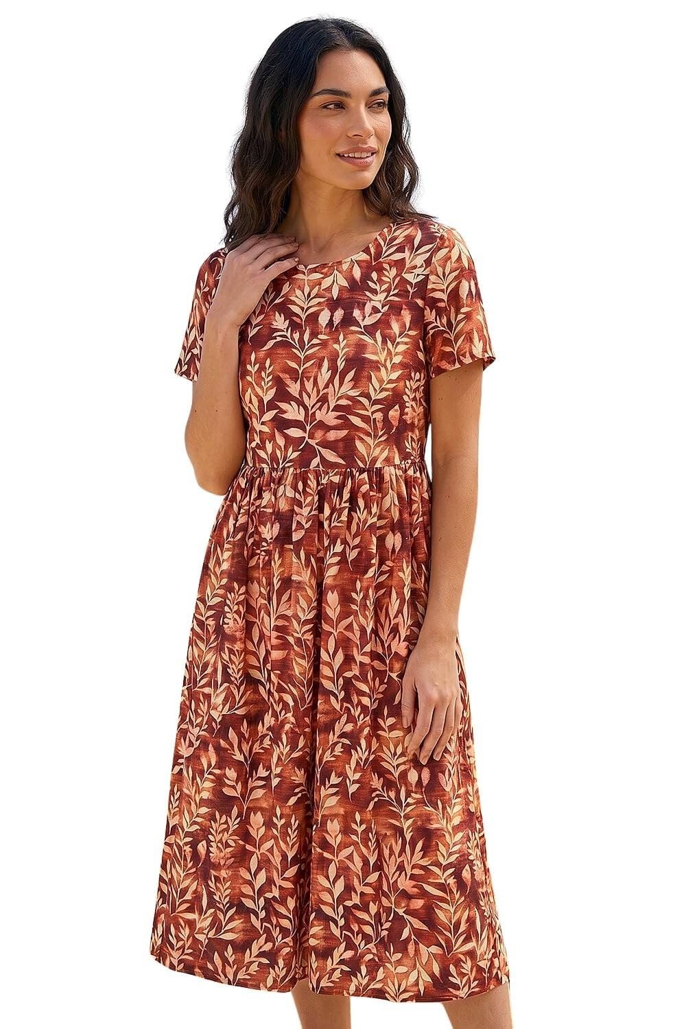 Roman Smock Dress for Women UK Ladies Swing A Line Tiered Pocket Slouch Summer Spring Everyday Evening Work Holiday Short Sleeve Smart Casual Beach Lightweight Shift - Leaf Chocolate - Size 20