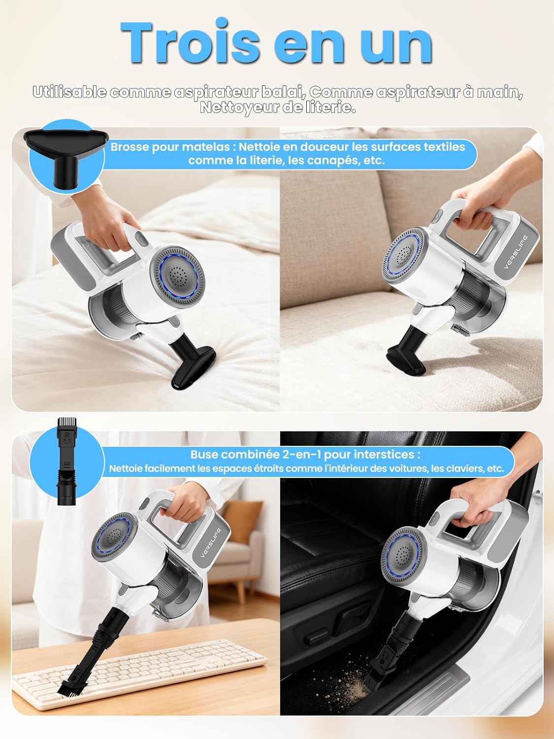 VersLife S6 Aspirateur Balai sans Fil 2-en-1 avec Tube d'Extension, Multifonction, Plusieurs Embouts, Charge USB-C, Filtre HEPA, Filtration Multiple, pour Sols en Bois/Canapés/Voiture
