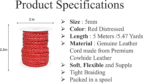 Miniatura 10 de GENIQUE Cordón de cuero trenzado plano de 0.197 in, cuerda de cuero para fabricación de joyas, tiras de cuero, ribete de cuero (16.4 ft) (0.197 in,