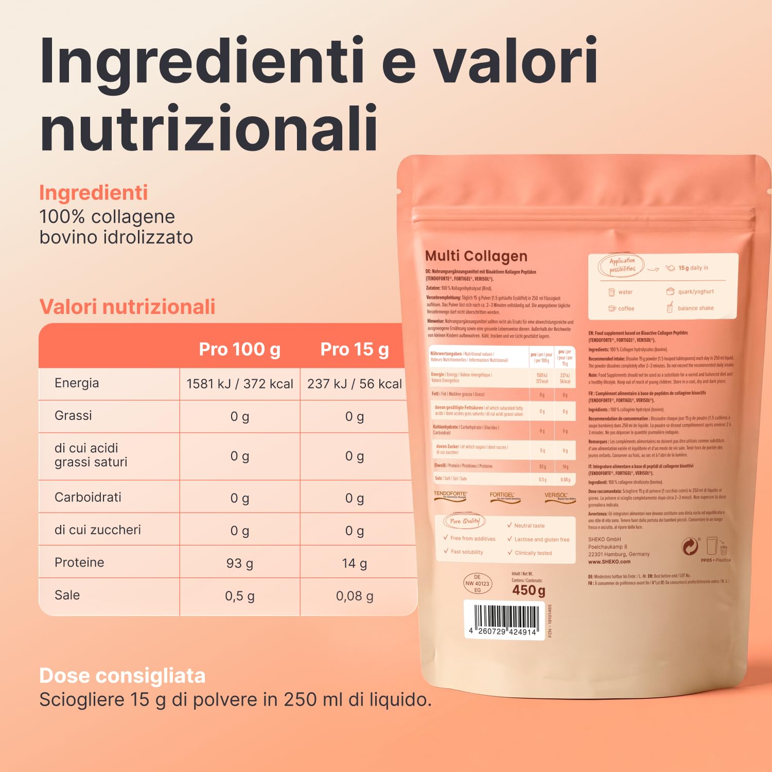 SHEKO Collagene Idrolizzato 450g + Shaker - Natural Bioactive Collagen Powder - Peptidi di tipo 1, 2, 3 - Collagene in polvere - Qualità purissima - Solubilità ottimale - Proteine in polvere