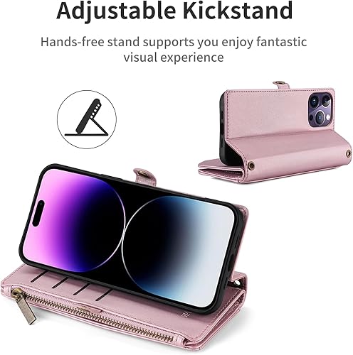 Miniatura 3 de Funda para iPhone 15, iPhone 15 para mujeres y hombres, funda de piel sintética con tapa para tarjeta de crédito RFID, correa cruzada carcasa