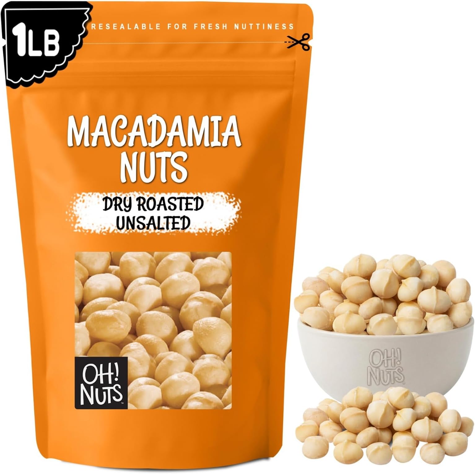 Oh! Nuts Macadamia Nuts - 1 lb - Dry Roasted Unsalted Macadamia Nuts - Oven Roasted - No Oil - Packed in New York Zip-Seal Bag for Exceptional Freshness