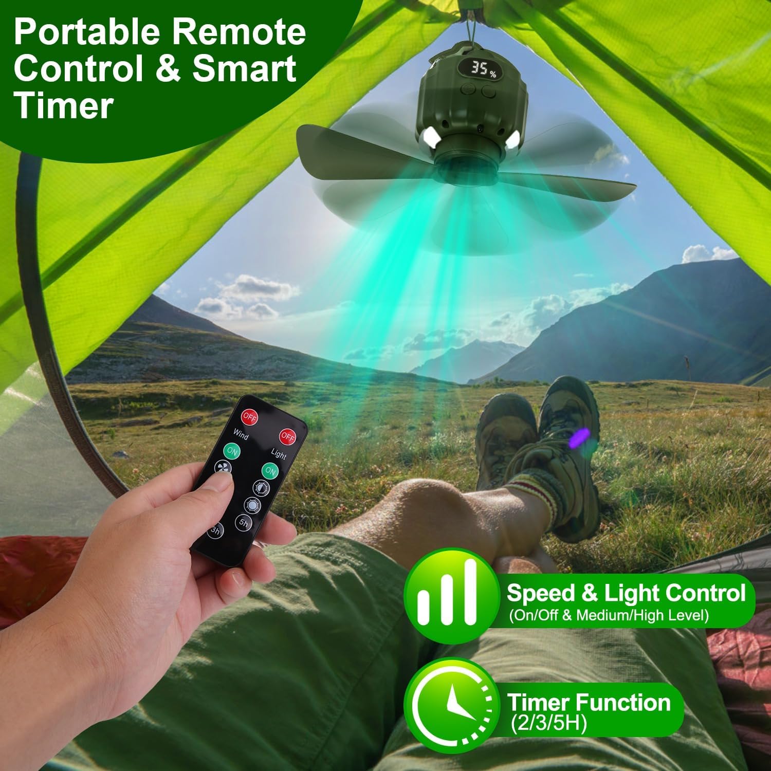 KOCASO Portable Camping Ceiling LED Fan, 5200mAh Hanging Tent Lantern with 3 Light Brightness & Fan Speed, USB Rechargeable Perfect for Camping, Canopy Tents, RV