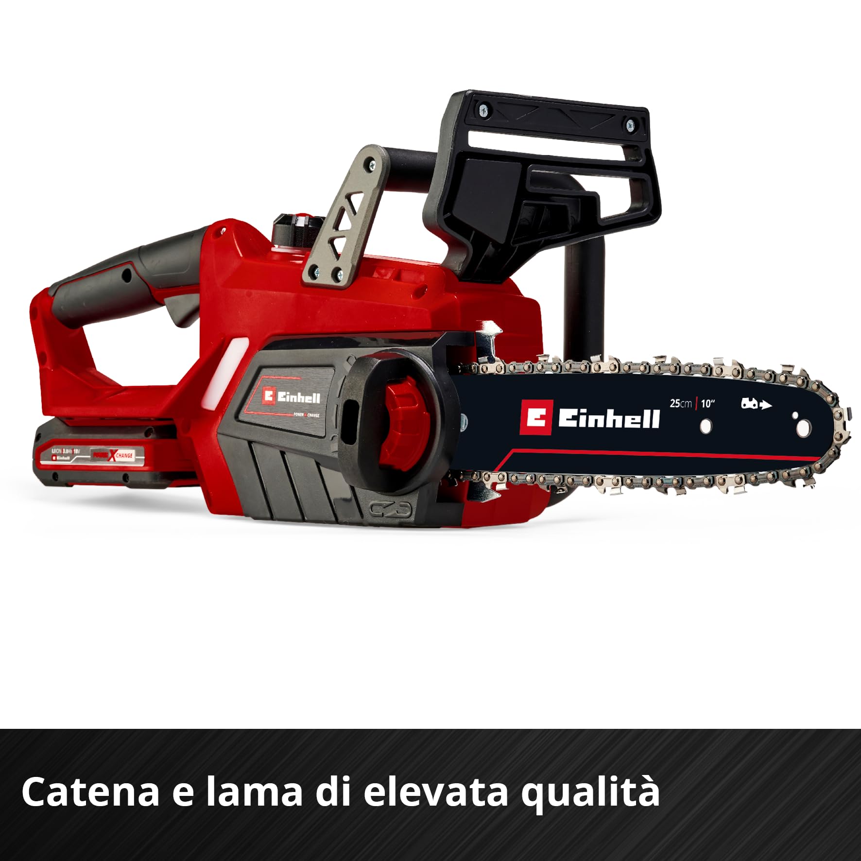 Einhell motosega a batteria GE-LC 18/25 Li-Solo Power X-Change (ioni di litio, 18 V, barra/catena di qualità OREGON, protezione antirimbalzo, perno di arresto catena, senza batteria e caricabatteria)
