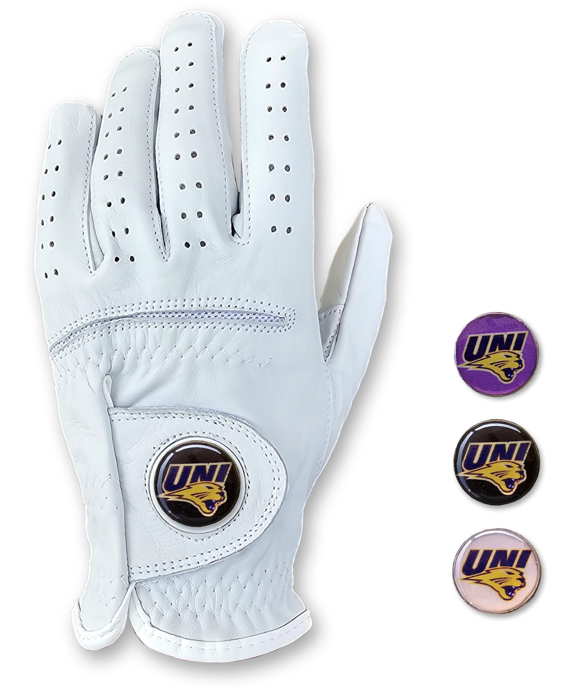 University of Norther Iowa Panthers Cabretta Leather Golf Gloves with 3 Magnetic Ball Markers. RH & LH Men's & Youth Boys Golf Gloves