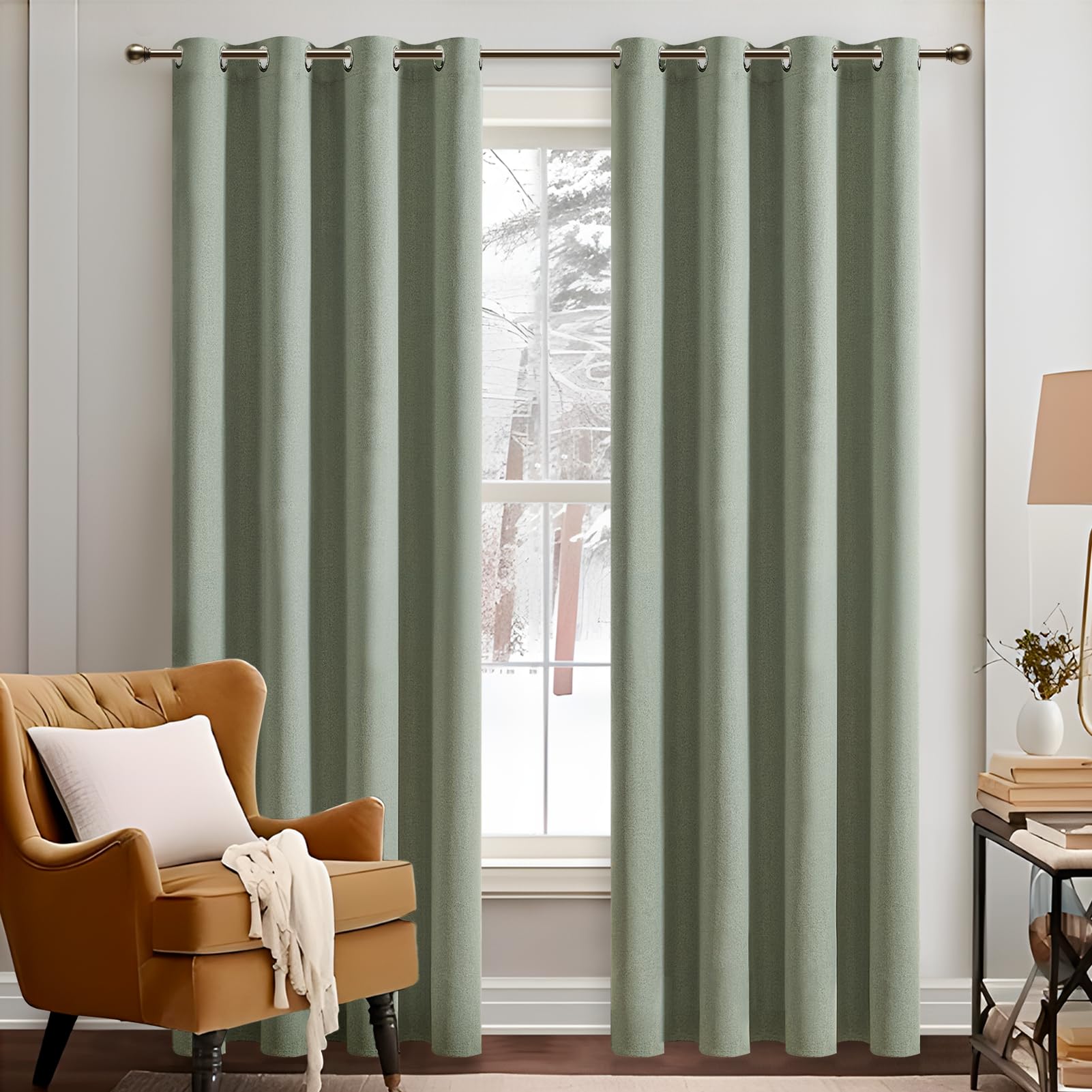 MRTREES Cortinas Salon Opacas al 100% Cortinas de Lino con Ojales Cortinas Ventanas Termicas Aislantes Frio y Calor para Habitacion Dormitorio Juvenil Comedor, 2 Piezas, 132x225cm, Verde Salvia