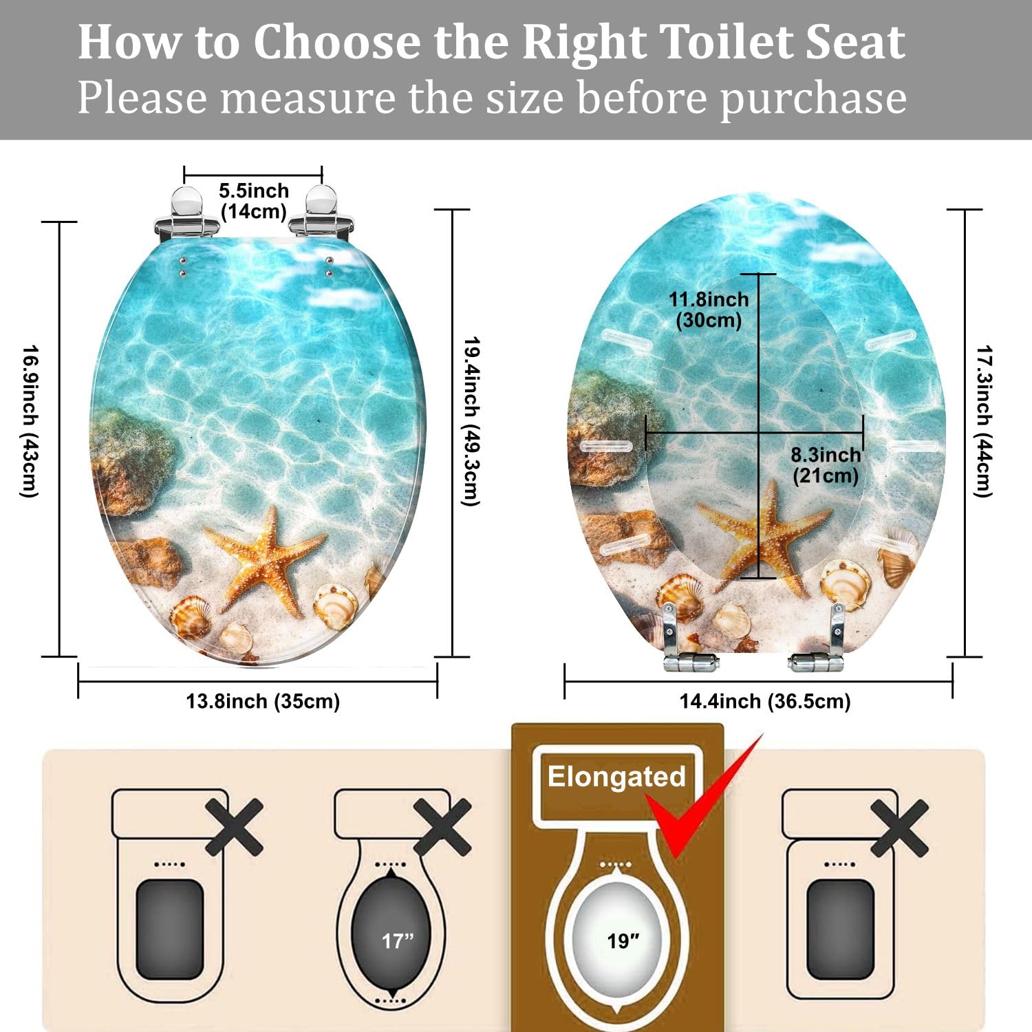 Asiento de inodoro decorativo alargado BeachVibe para el baño de verano