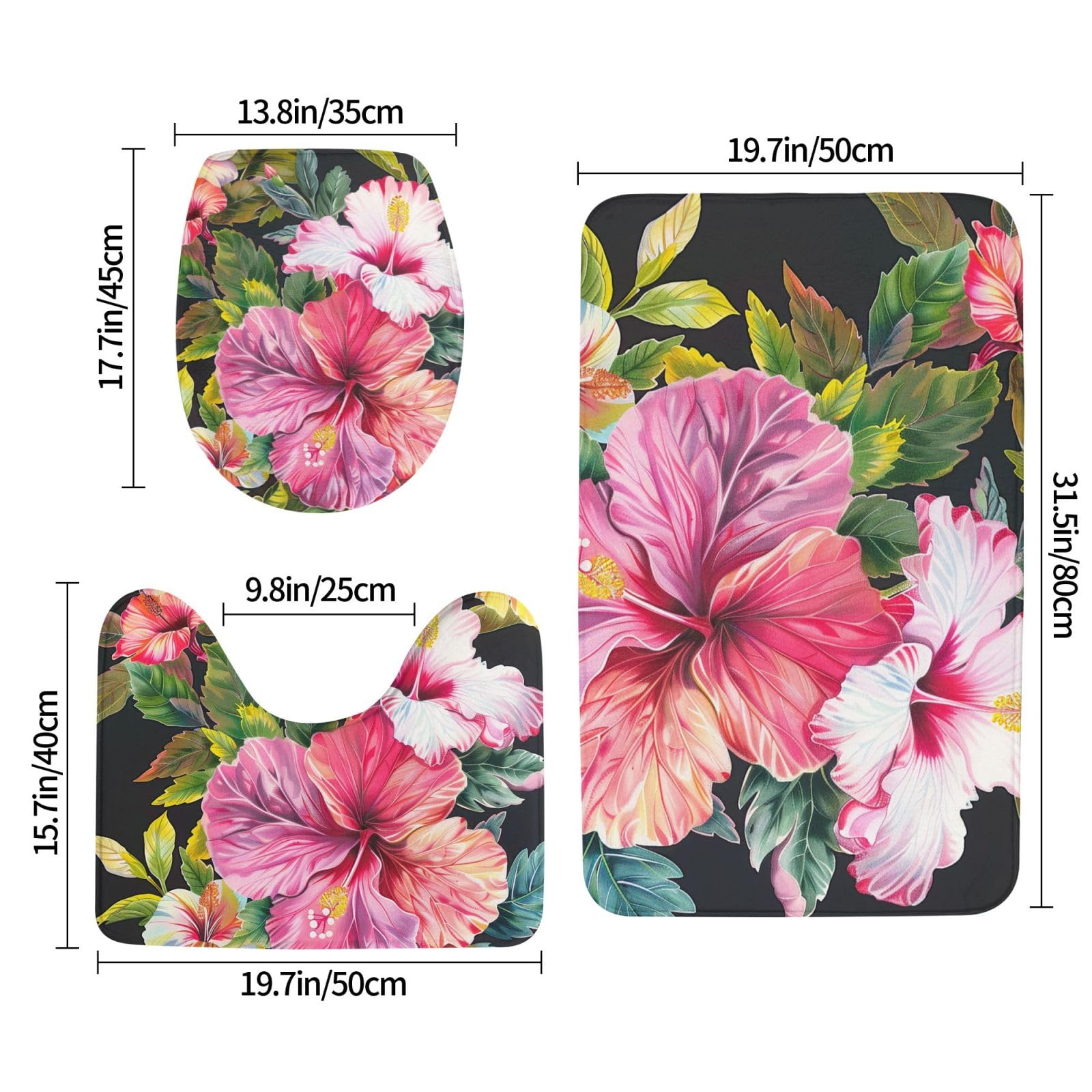 Lot de 3 tapis de bain antidérapants et absorbants en flanelle avec motif imprimé fleurs d'hibiscus, tapis de bain, tapis contour et housse pour abattant WC