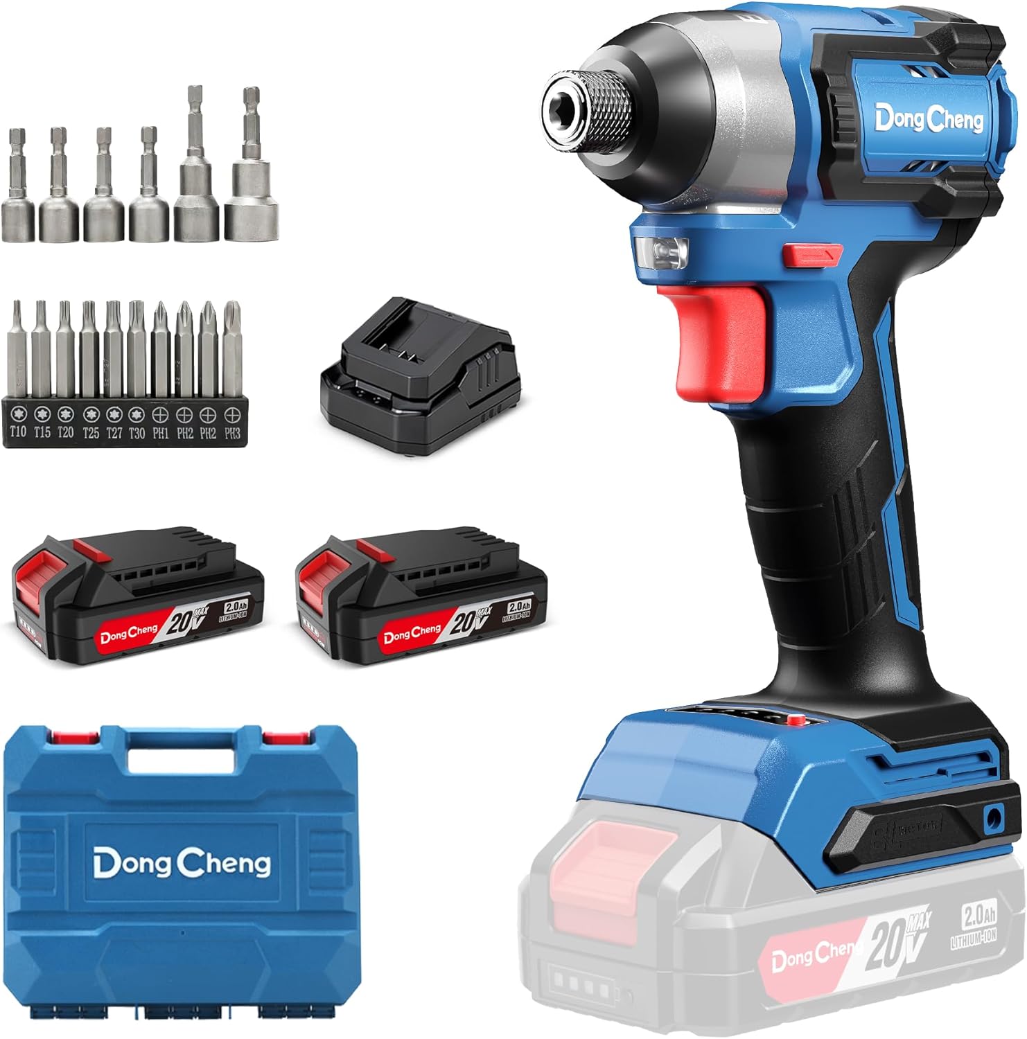 Dong Cheng 20V 1/4" Brushless Impact Driver, 1460 in-lbs Cordless Impact Driver, 2x 2.0Ah Batteries, 3-Speed, 4.9" Compact Impact Driver for Cabinetry, Deck Building & HVAC Installation