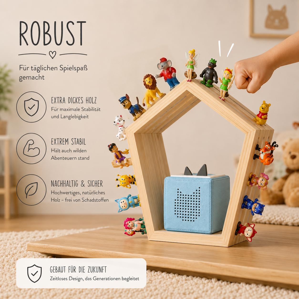 Baby Vivo Regal für Toniebox aus Holz - magnetische Aufbewahrung für 68 Tonies Tonie Zubehör Halterung Starterset - kompatibel mit Toniebox - Wandregal Kinderzimmer Holzregal zum Aufhängen - Fünfeck