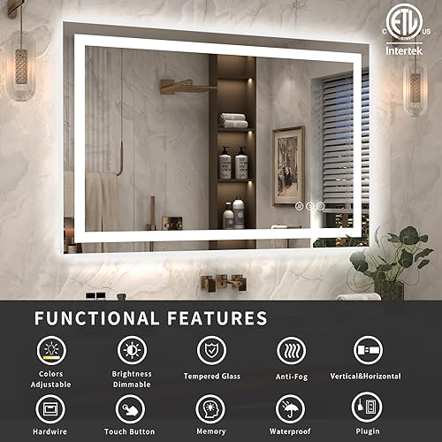 Miniatura 2 de Espejo iluminado para pared de baño de 48 x 32 pulgadas, espejo de tocador iluminado inteligente con luces, regulable, antivaho (luces delanteras +